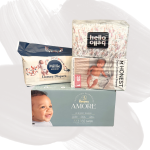 Stack of baby diaper packages (Millie Moon, Honeest, Pampers Amore) on a light background, showcasing different brands and sizes for infants.