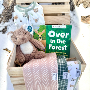 Gift crate with a plush bear, forest book, and soft blankets on a wooden box in the snow