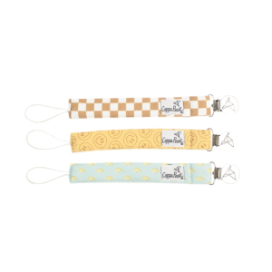 Set of three fabric pacifier clips with white loops and metal clips, patterns: tan checkerboard, yellow smiley faces, and light blue with lemons (Copper Pearl).
