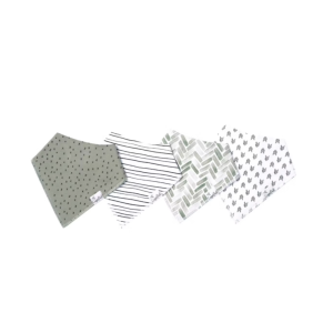 Five patterned fabric swatches laid in a row, featuring gray X, striped, chevron, and leaf-like prints.